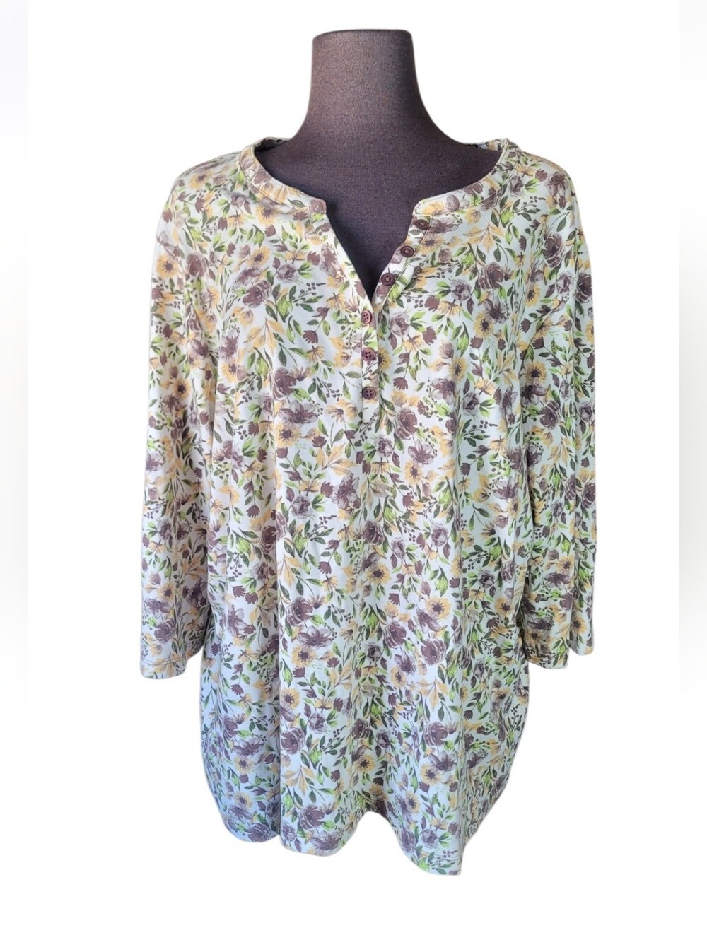 Women’s Floral Button-Front Tunic Top - Green Tan Yellow